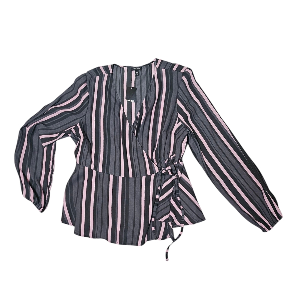 Torrid Blouse Stripe Crepe Crop Wrap Tied Pink Grey NWT sz 00